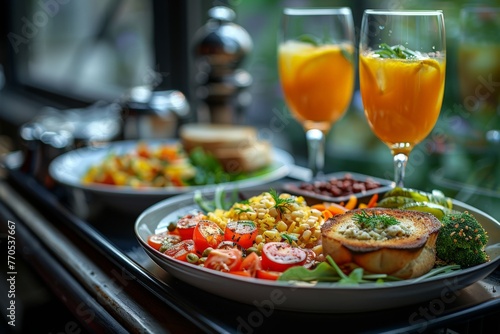 Delectable and refreshing summer meal on a table with orange drinks  vibrant salads  and a grilled dish  ready to enjoy