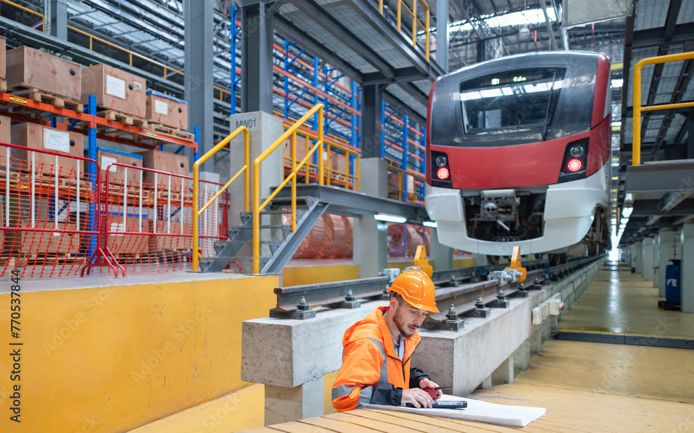 Engineer plan green railway project with infrastructure blueprint, electric train, fuel efficiency