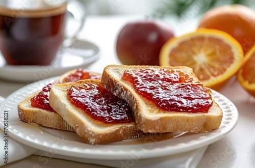 Toasts with mermelade on a plate with fruits photo