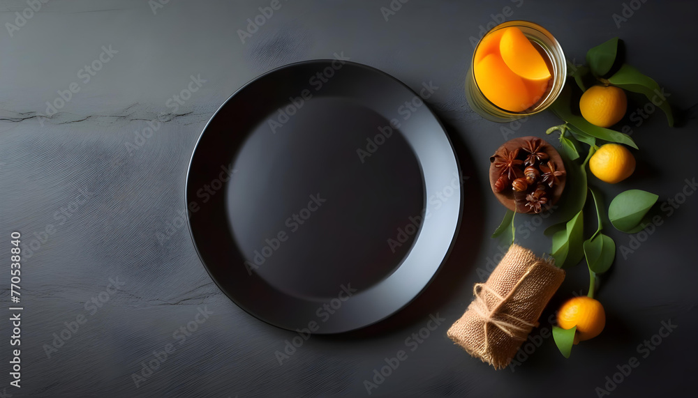 An empty black plate with lemon on a grey slate background