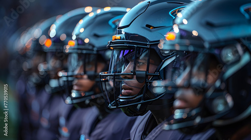 A line of focused football players in helmets ready for a game, with evening lights creating a bokeh effect photo