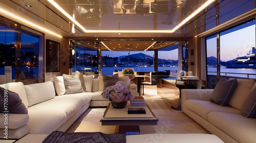 This image captures the opulent interior of a yacht during twilight with comfortable seating and ocean views © road to millionaire