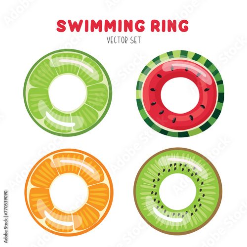 Swimming ring vector with fruit pattern.  Inflatable float, inflatable pool float clipart. Water lifebuoy. Summer element. Hello summer concept.  Cartoon flat vector isolated on white background.