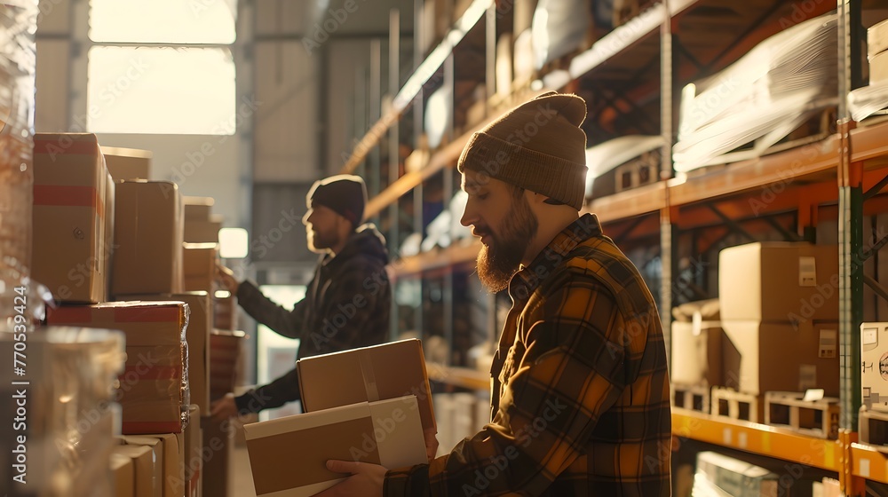 Warehouse workers in action, organizing stock efficiently. Men in a storeroom, logistics and distribution team at work. Industrial environment setting. Focus on the task. AI Warehouse workers in action, organizing stock efficiently. Men in a storeroom, logistics and distribution team at work. Industrial environment setting. Focus on the task. AI