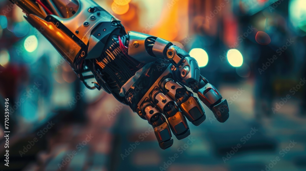 A close-up of a robotic prosthetic arm against an urban backdrop. Living with a disability