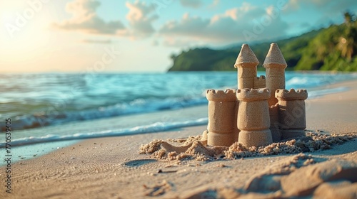 Enchanting Sandcastle Creation on Picturesque Beach with Serene Ocean Backdrop © Sittichok