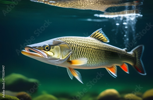 Freshwater pike in the water. Fishing concept. Background with selective focus. © Soul