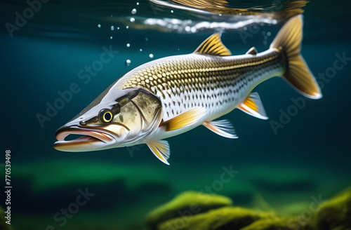 Freshwater pike in the water. Fishing concept. Background with selective focus.