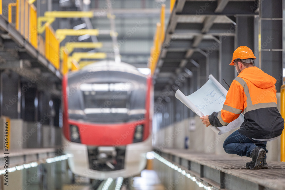 Engineer plan green railway project with infrastructure blueprint, electric train, fuel efficiency Engineer plan green railway project with infrastructure blueprint, electric train, fuel efficiency