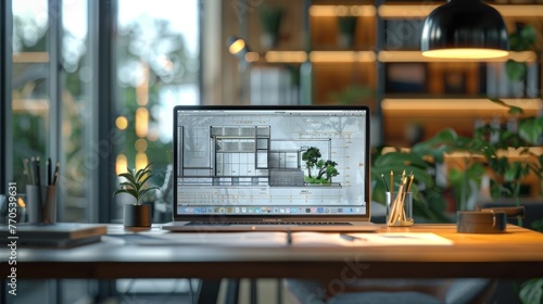 Digital design through architectural design software on transparent laptop screen with documents and design plan on office desk - technology and traditional design method. photo