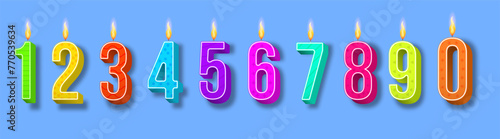 Celebration cake candles burning lights, birthday number and party candle. Birthday anniversary numbers candle. Template set of symbols for invitation to the anniversary. Vector illustration.
