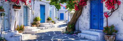 Charming Mediterranean Village Street in Greece, Adorned with White and Blue Buildings and Bougainvillea, Capturing the Essence of Summer