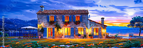 Charming Streets of a Mediterranean Village, Bathed in Sunlight and Adorned with Vibrant Flowers and Historic Buildings