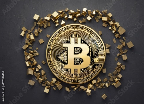 A striking visualization of Bitcoin's symbol in a state of disintegration, capturing the unpredictable nature of the cryptocurrency market. Golden fragments against a dark surface create a stark © Anastasiia