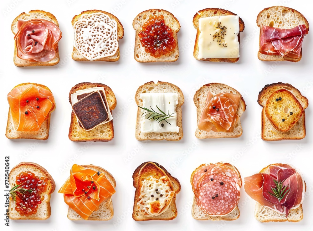 Toast Top View A set of toasts isolated on a white background in a top view. The ...