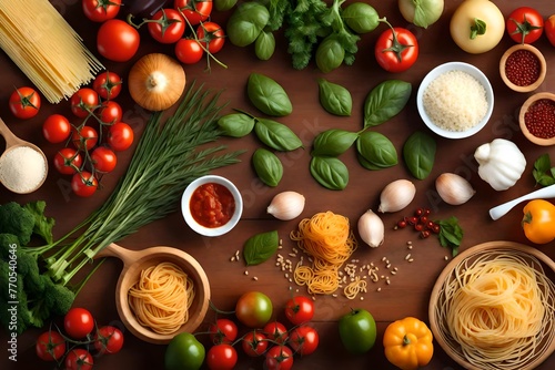 Italian food ingredients with pasta. Healthy diet eating