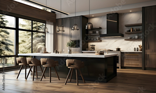 3d rendering of a modern kitchen interior design in a loft style