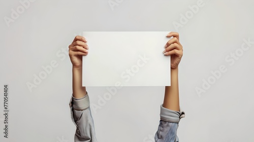 Person holding blank white sign overhead with both hands. Simple minimalist style. Ideal for advertising and announcements. AI-generated image. AI photo