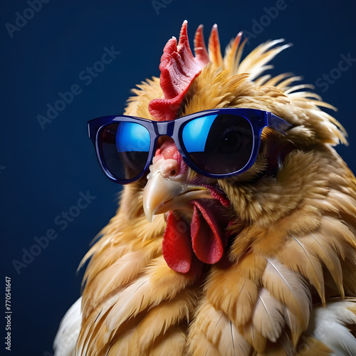 funny cock on a blue background wearing sunglasses.the copy space. for a postcard