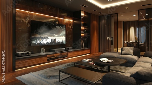 Wallpaper Mural A contemporary media wall with a mix of materials, including wood, metal, and glass, showcasing a sleek TV console with integrated speakers and hidden storage. Torontodigital.ca