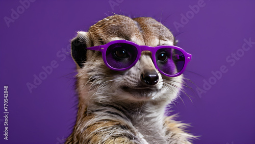 a meerkat on a purple background wearing sunglasses.the copy space. for a postcard