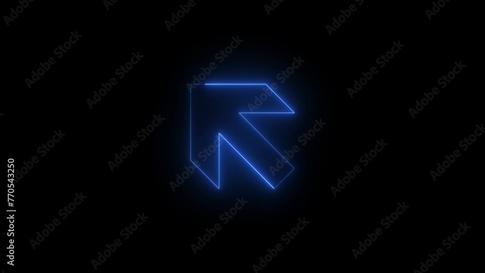 Neon glowing blue color bold up left arrow direction icon animation black background. Neon glowing blue color bold up left arrow direction icon animation black background.