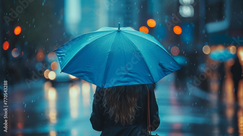 A woman walking down the street with an umbrella