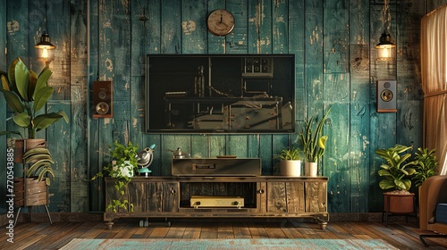 A farmhouse-style media wall with a distressed wooden backdrop, showcasing a vintage TV console with brass accents and retro-inspired decor.