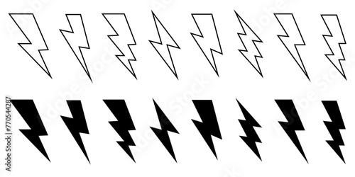 Set of black lightning bolt. Thunderbolt flat style vector illustration isolated on white background.