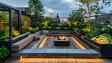 A beautifully designed contemporary rooftop space showcasing integrated seating and a central fire pit surrounded by greenery