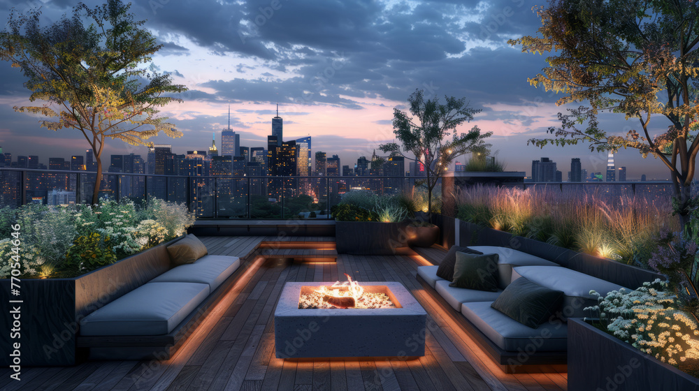 This modern rooftop haven captures the essence of twilight with ambient lighting and a cityscape horizon
