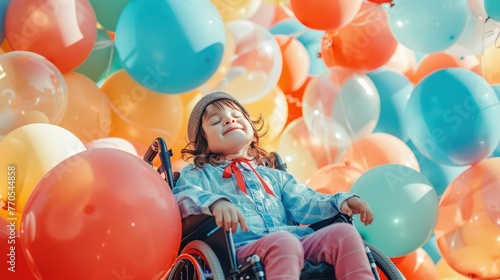 happy child with disability in a wheelchair among multi-colored balloons enjoying life and smiling