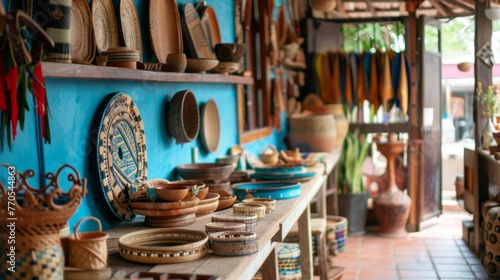Traditional Handicrafts Displayed at a Rustic Market Stall photo