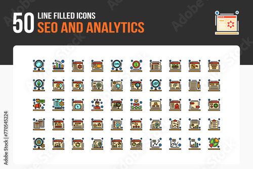 Set of 50 Seo And Analytics icons related to Search, Analytics, SEO, Keywords Line Filled Icon collection photo