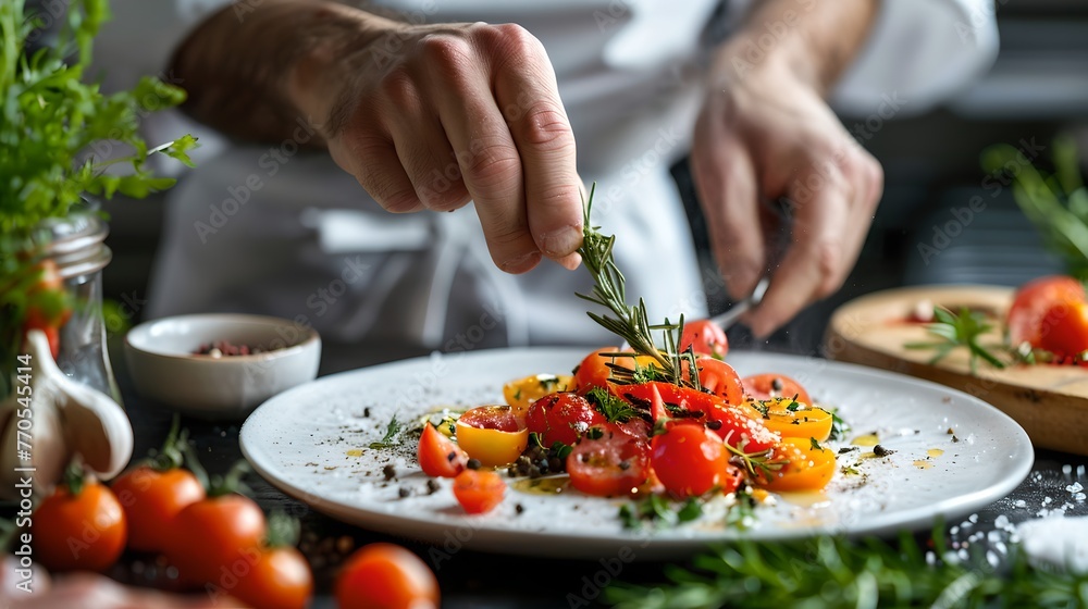 Chef garnishing a fresh salad with herbs in a modern kitchen set. Culinary art and healthy eating concept. Profession and passion for cooking. AI Chef garnishing a fresh salad with herbs in a modern kitchen set. Culinary art and healthy eating concept. Profession and passion for cooking. AI