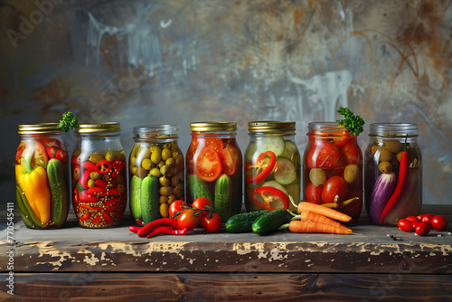 set pickled cucumbers tomatoes sweet peppers olives and in jars on a wooden brown table
