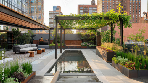 A serene rooftop setting displays a modern water feature surrounded by greenery and sleek furniture against an urban backdrop