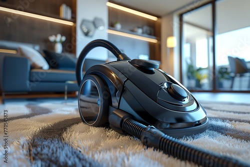 top view of a vacuum cleaner vacuuming a carpet in a modern living room photo