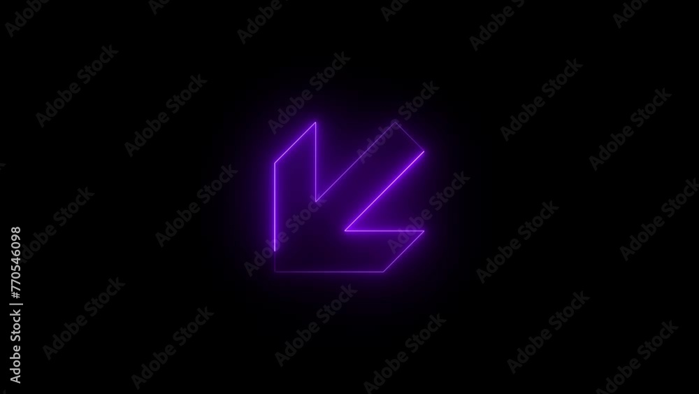 Neon glowing purple color bold down left arrow direction icon animation black background Neon glowing purple color bold down left arrow direction icon animation black background