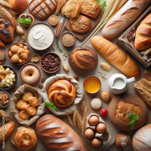 A bountiful selection of breads and pastries offers a feast for the eyes, showcasing an array of shapes, textures, and ingredients. The composition highlights the variety and abundance of baked