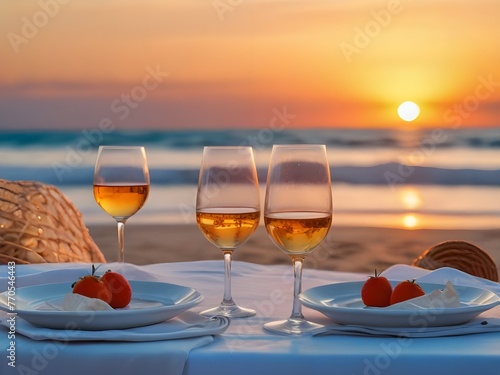 Two glasses of white wine on a table by the sea at sunset