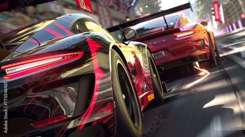 close-up view of speeding cars, vibrant colors, and determined drivers, car racing video game