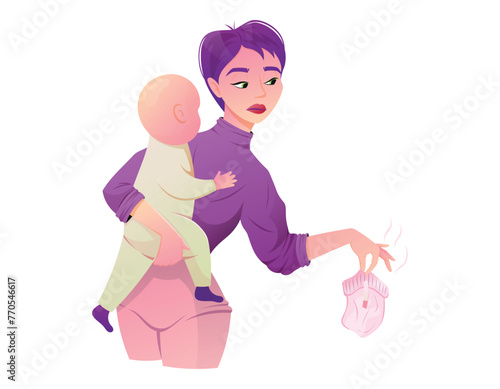 Young woman, mother holding baby and smelly used baby diaper. Vector isolated cartoon illustration.