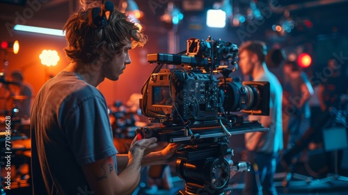 Look behind the camera and see this breathtaking image of the film set. The camera positioned in the foreground attracts the attention of the cameraman standing behind it.