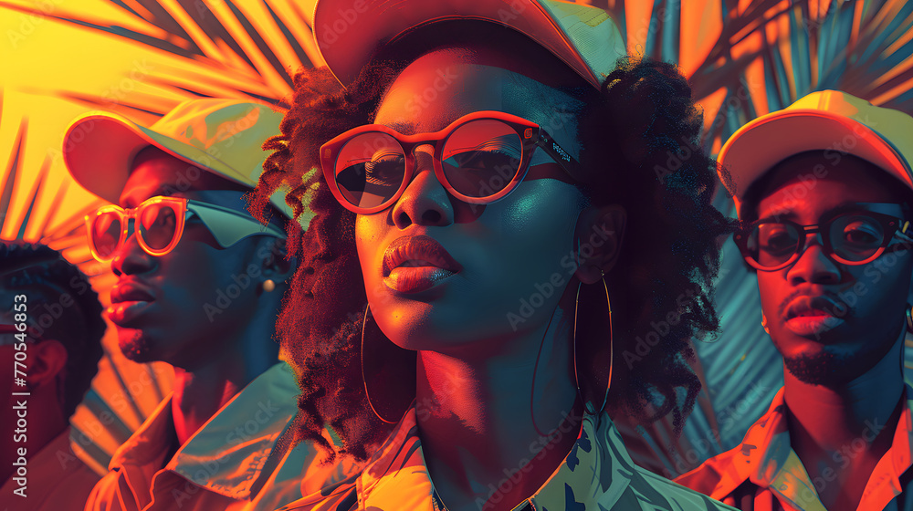 Three young individuals pose in stylish sunglasses, bathed in the warm hues of a tropical sunset light