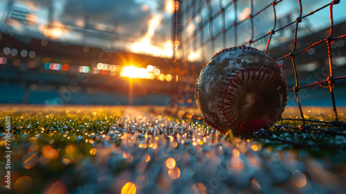 A weathered baseball rests against the net with a sparkling sunset and stadium lights in the background