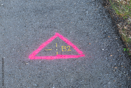 Pink geodetic mark on the asphalt, topography marking painted on a road © Vic