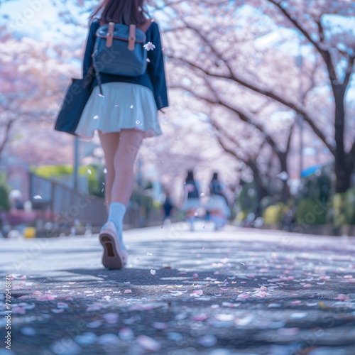 桜並木を歩く女子高生