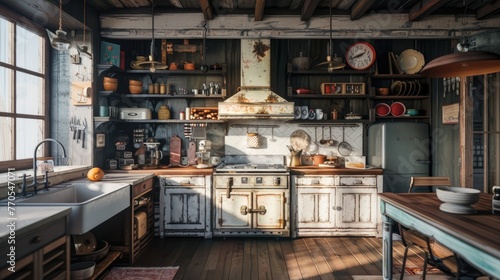 Capture the rustic charm of a farmhouse kitchen interior, with weathered wood accents, vintage-inspired fixtures, and cozy decor that evokes a sense of warmth and nostalgia.