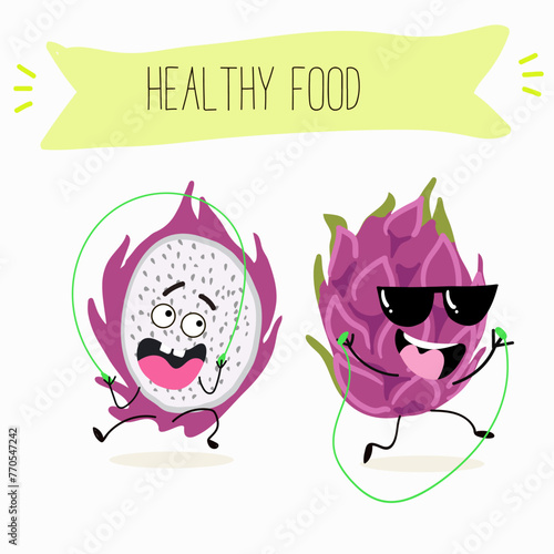 Cute characters pitaya, dragon fruit, pitahaya with different activities. Flat vector illustration, funny fruits. Smiling mascot for kids menu decoration.